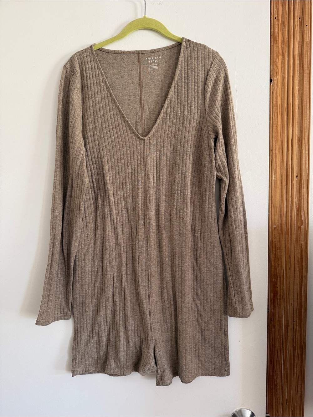 American Eagle Outfitters Taupe Ribbed V-Neck Long Sleeve Knit Dress